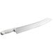 A long silver knife with a white handle.