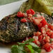 A plate of grilled chicken with salsa and a lime wedge next to a sprig of Regal Cilantro.