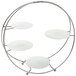 An American Metalcraft silver metal circular stand with four frosted glass plates on it.