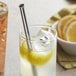 A glass with a Barfly stainless steel straw in it with a lemon slice.