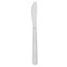 A silver dinner knife with a white handle.