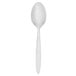 A Walco stainless steel teaspoon with a white handle on a white background.