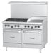 A stainless steel U.S. Range commercial gas range with two space saver ovens and six burners.