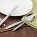 A white plate with a Walco Streamline stainless steel dessert spoon on a table.