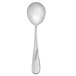 A silver Walco Goddess bouillon spoon with a curved handle.