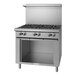 A stainless steel U.S. Range 6 burner range with cabinet base.