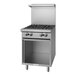 A U.S. Range stainless steel 4 burner range with a cabinet base and oven.