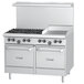 A stainless steel U.S. Range commercial gas range with 6 burners and a 12 inch manual griddle.