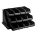 A black plastic organizer with many compartments including six black bins.