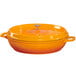 An orange enamel coated cast aluminum brazier with a lid.