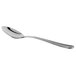 A close-up of a Libbey stainless steel dessert spoon with a silver handle.