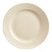 A cream white round stoneware plate with a rolled edge.
