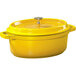 A yellow GET Heiss oval Dutch oven with a lid.