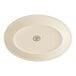 A cream white oval stoneware platter with a rolled edge.