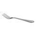 A close-up of a silver Libbey Harbour dinner fork with a white handle.