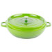 A green GET Heiss cast aluminum brazier and paella dish with a lid with a silver knob.