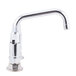 A chrome Equip by T&S deck-mounted faucet with lever handles and a swing spout.