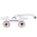 A chrome Equip by T&S deck-mounted faucet with lever handles.