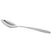 A Libbey stainless steel dessert spoon with a white handle.