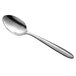 A Libbey stainless steel dessert spoon with a silver handle on a white background.