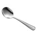 A Libbey Windsor Grandeur bouillon spoon with a silver handle on a white background.