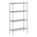 A wireframe metal shelving unit with four shelves.