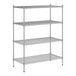 A wireframe of a Regency stainless steel wire shelving unit with four shelves.
