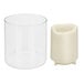 A clear glass cylinder with a white plastic top containing a white Sterno Allure candle.