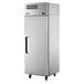 A large silver Turbo Air ER19-1-N6-V E-Line solid door reach-in refrigerator on wheels.