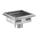 A square 12-inch by 12-inch stainless steel floor sink with a central drain outlet.