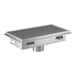 A rectangular stainless steel floor trough with a grated top and central drain outlet.