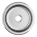 A circular silver metal sink bowl with a hole in the middle.