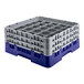 A navy blue plastic Cambro glass rack with extenders.