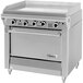 A Garland stainless steel gas range with a griddle top and storage base.