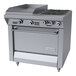 A commercial stainless steel range with two burners, a 17-inch griddle, and a standard oven.