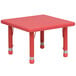 A small red square table with adjustable legs.