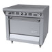 A commercial stainless steel range with two hot top sections and a standard oven, designed for natural gas use.