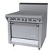 A commercial stainless steel range with two hot top sections and a standard oven, designed for natural gas use.