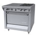 A commercial stainless steel range with two burners, a front-fired hot top, and a standard oven.