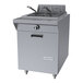 A commercial stainless steel floor fryer with dual baskets and a front control knob.