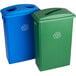 A Lavex blue and green recycle station with blue and green lids.