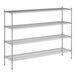 A wireframe metal shelving unit with four shelves.