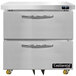 A Continental undercounter freezer with two white drawers and yellow wheels.