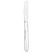 A silver knife with a black handle on a white background.