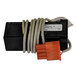 A black box with an orange and black cable and white connector.