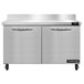 A Continental Refrigerator stainless steel worktop freezer with two doors.