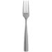 A silver stainless steel dessert/salad fork with a white background.