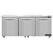 A stainless steel Continental Refrigerator with three doors on a white countertop.