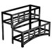 A black metal Cal-Mil display shelf with three curved shelves holding jars.