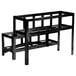 A black metal Cal-Mil display with two shelves holding six jars.